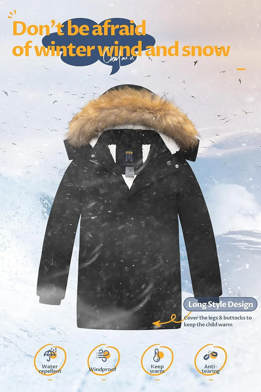 CREATMO US Boy's Sherpa Long Parka Winter Coat Thicken Water Repellent Puffer Jacket With Removable Faux Fur Hood