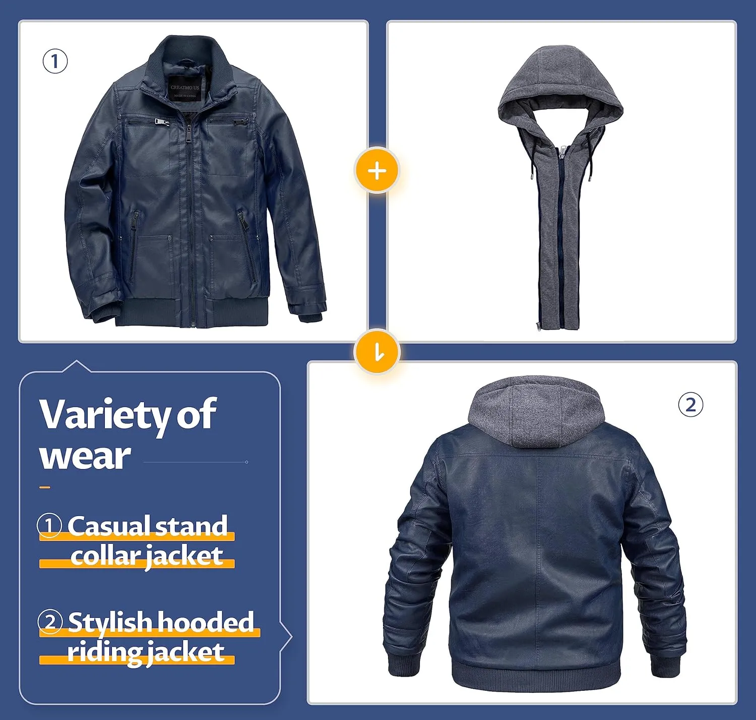 CREATMO US Men's Faux Leather Jacket Motorcycle Jacket Waterproof Windproof PU Moto Vintage Bomber Hoodie with Removable Hood