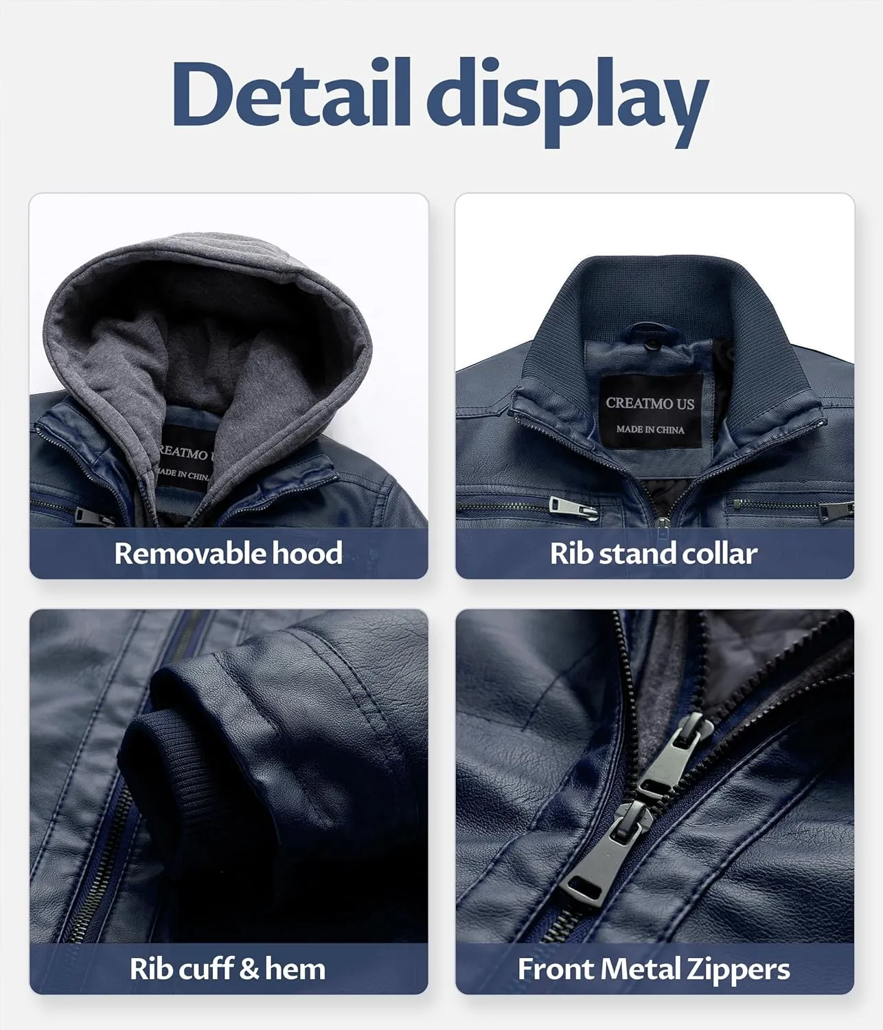 CREATMO US Men's Faux Leather Jacket Motorcycle Jacket Waterproof Windproof PU Moto Vintage Bomber Hoodie with Removable Hood