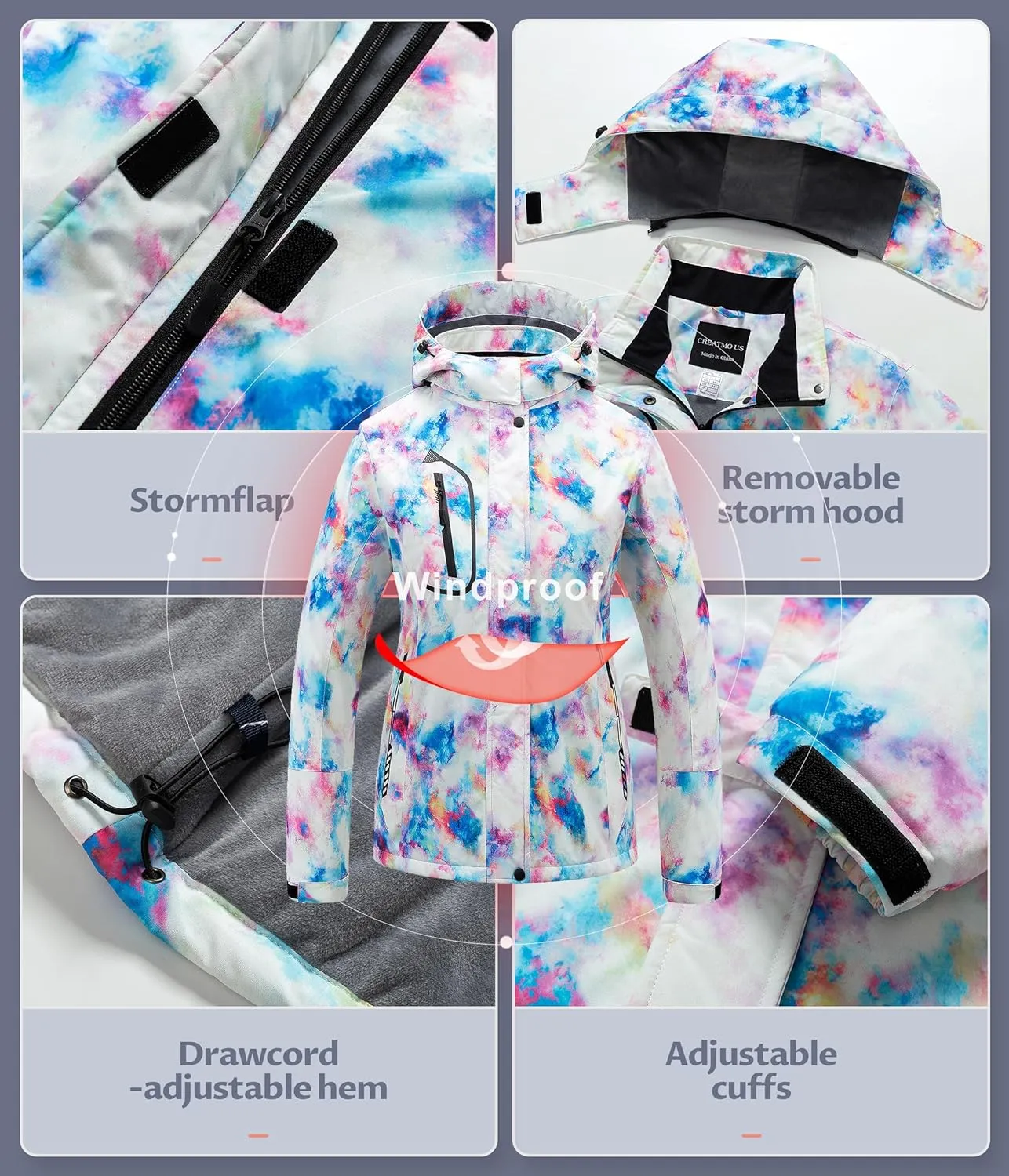 CREATMO US Women's Mountain Waterproof Ski Jacket Windproof Snowboarding Jacket Warm Winter Coat Raincoat