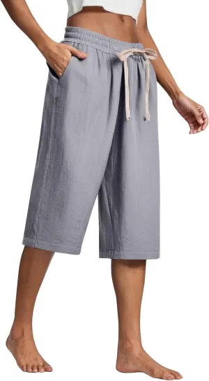 Cropped Linen Pants Women Plus Size Elastic Waist Wide Leg Lounge Pants with Pockets Comfy Summer Cotton Beach Pants