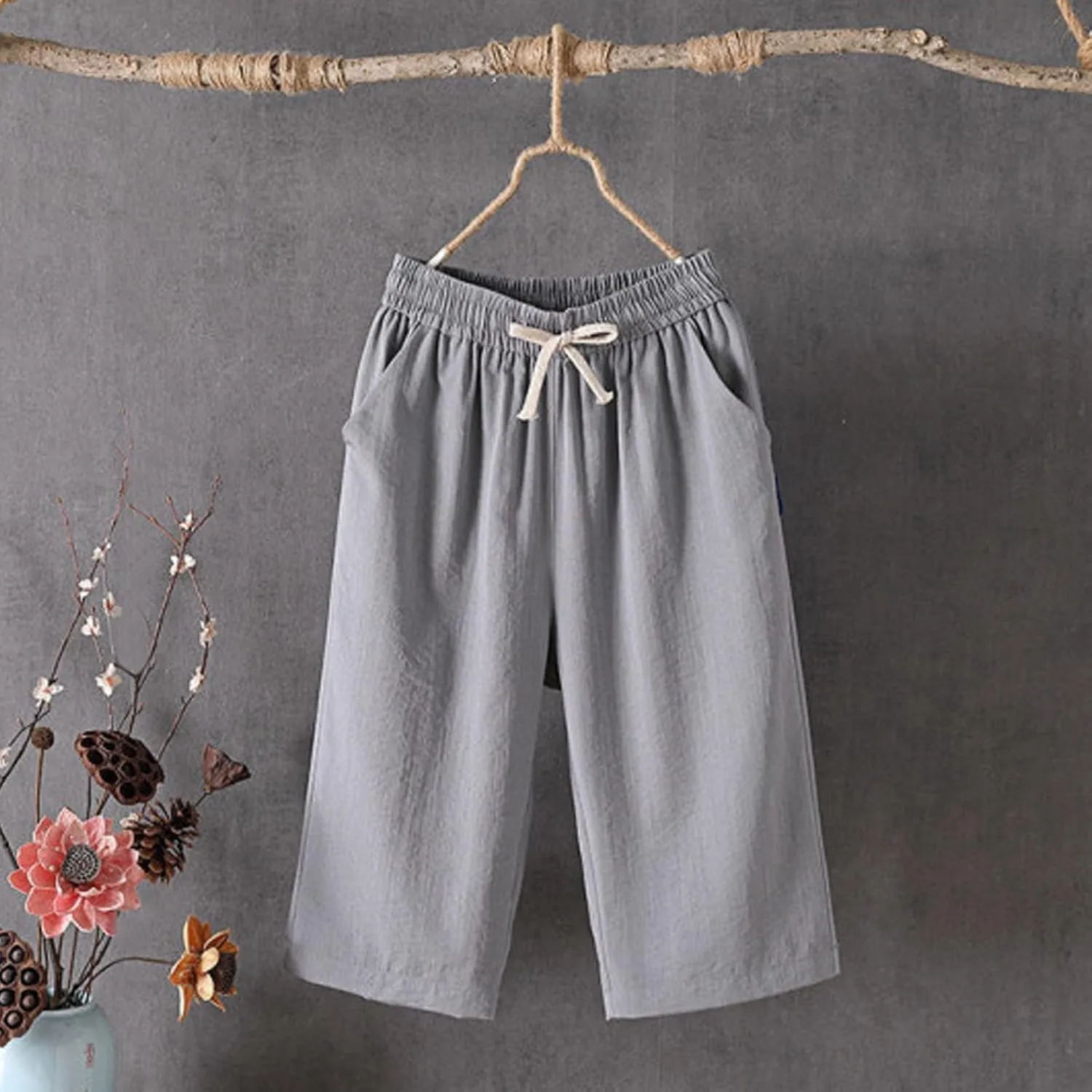 Cropped Linen Pants Women Plus Size Elastic Waist Wide Leg Lounge Pants with Pockets Comfy Summer Cotton Beach Pants