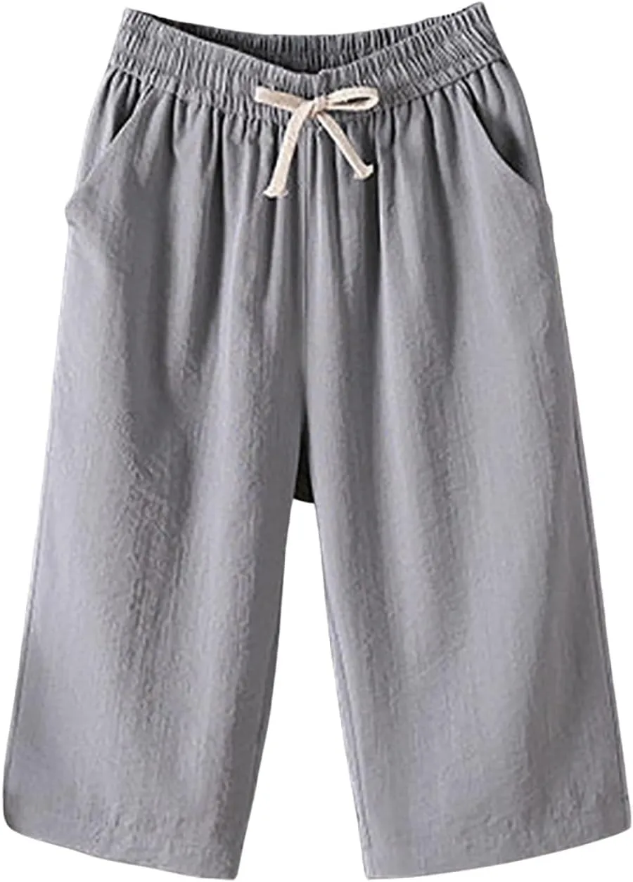 Cropped Linen Pants Women Plus Size Elastic Waist Wide Leg Lounge Pants with Pockets Comfy Summer Cotton Beach Pants