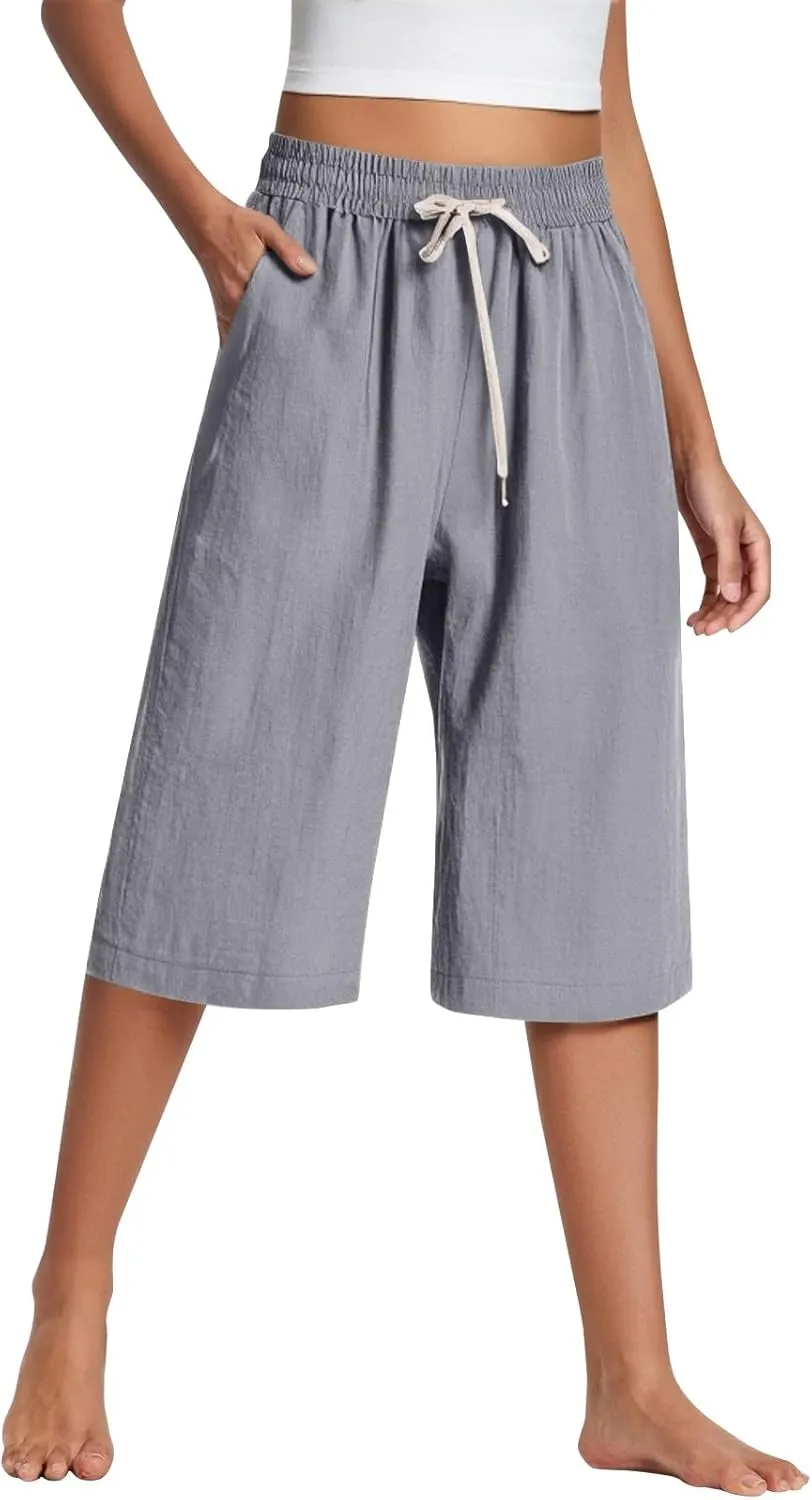 Cropped Linen Pants Women Plus Size Elastic Waist Wide Leg Lounge Pants with Pockets Comfy Summer Cotton Beach Pants