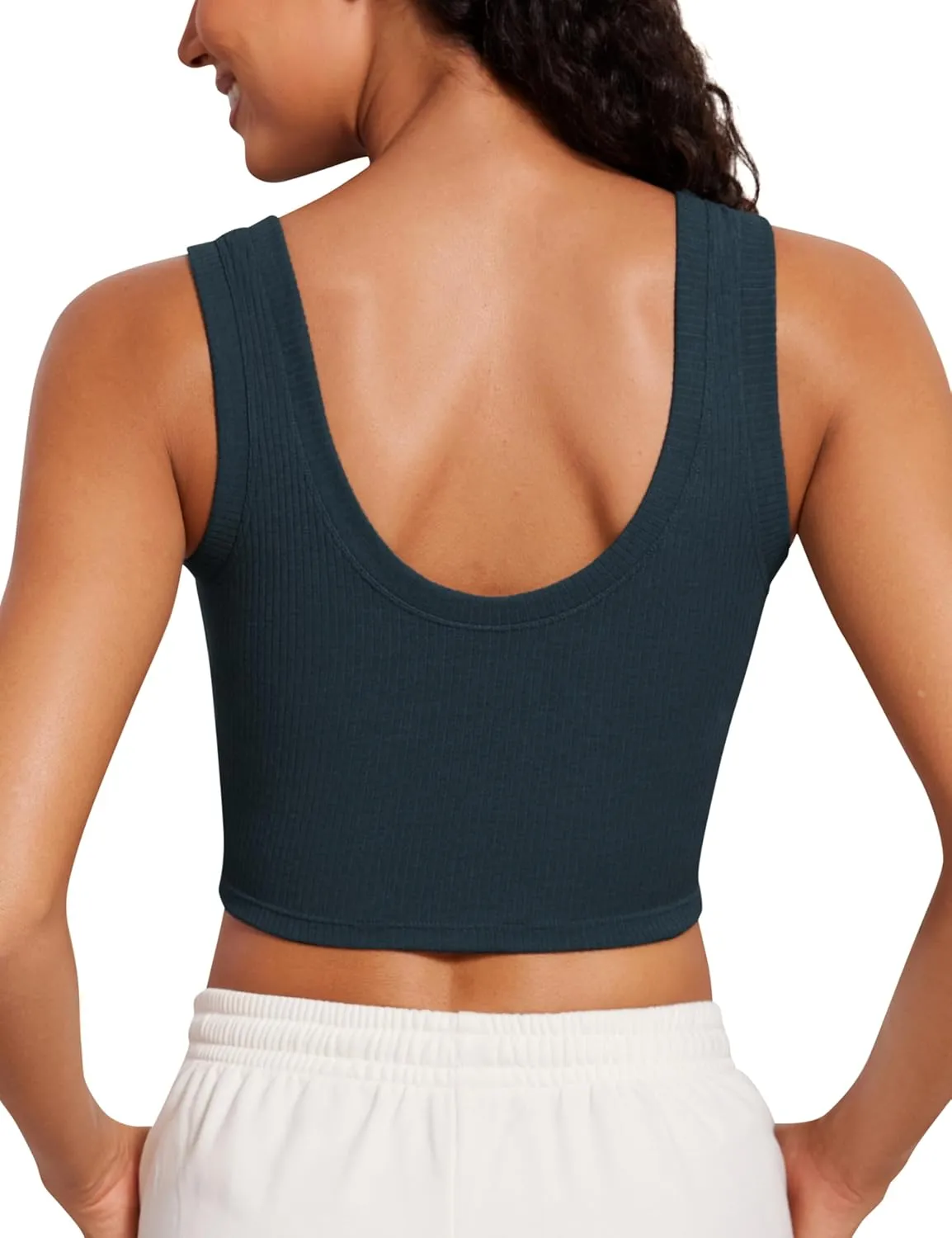 CRZ YOGA Ribbed Crop Fitted Tank Tops for Women Low U-Back Scoop Neck Casual Cropped Sleeveless Workout Yoga Shirt