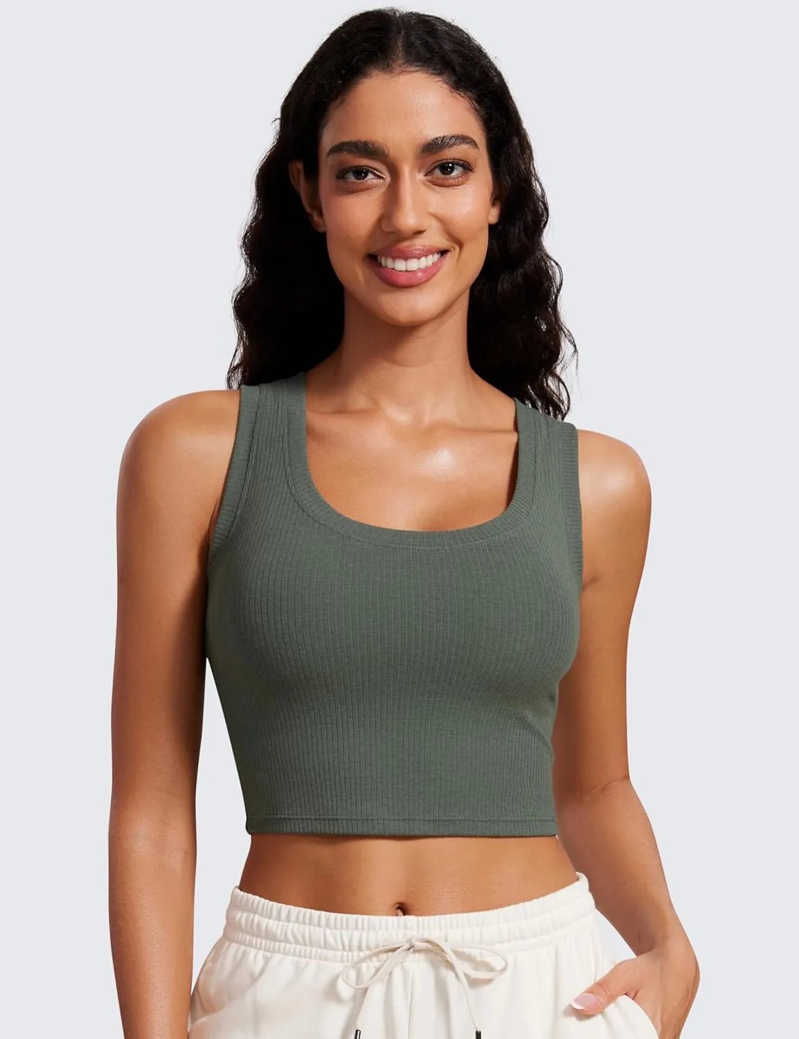 CRZ YOGA Ribbed Crop Fitted Tank Tops for Women Low U-Back Scoop Neck Casual Cropped Sleeveless Workout Yoga Shirt