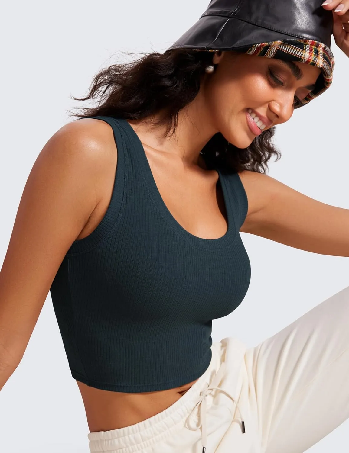 CRZ YOGA Ribbed Crop Fitted Tank Tops for Women Low U-Back Scoop Neck Casual Cropped Sleeveless Workout Yoga Shirt