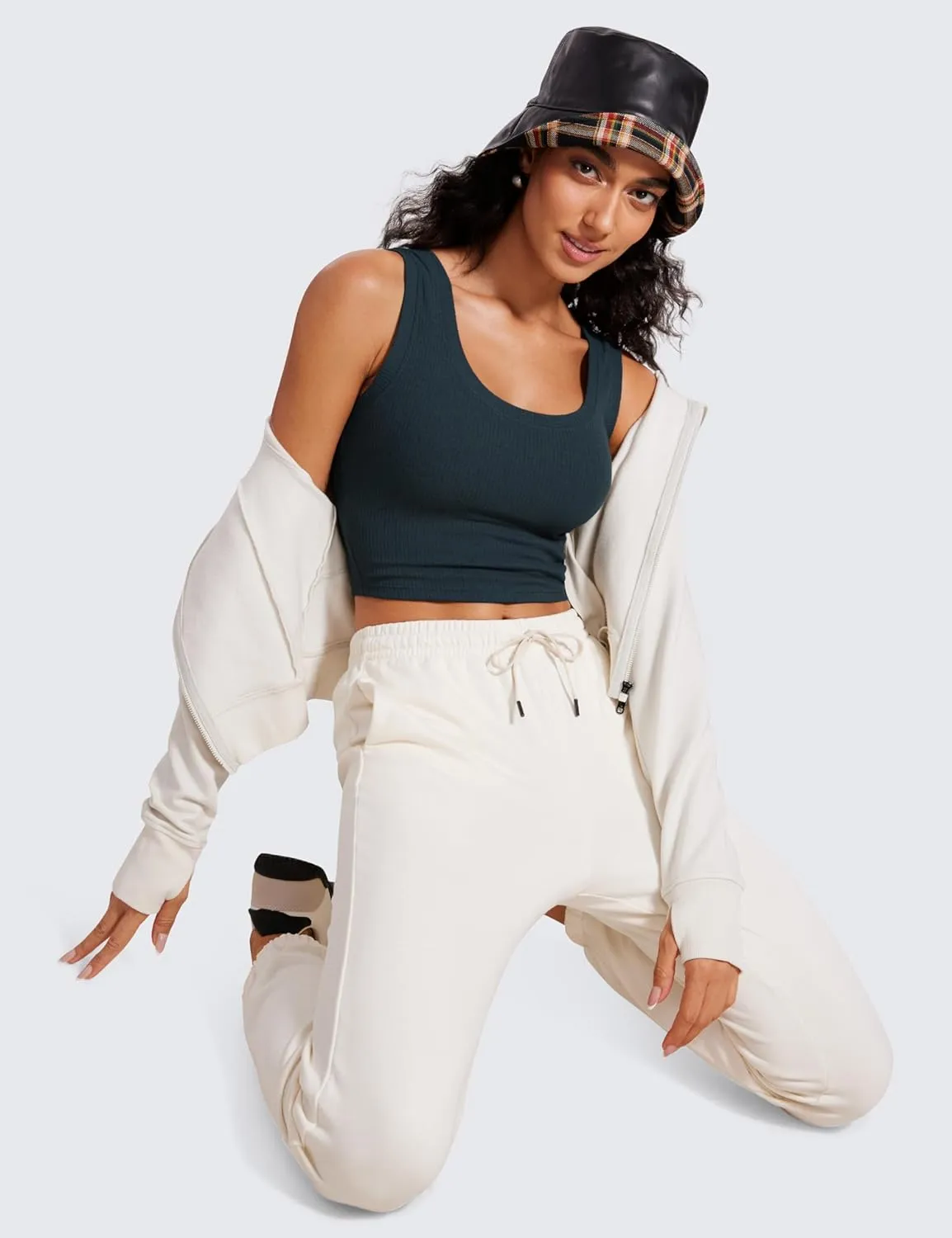 CRZ YOGA Ribbed Crop Fitted Tank Tops for Women Low U-Back Scoop Neck Casual Cropped Sleeveless Workout Yoga Shirt