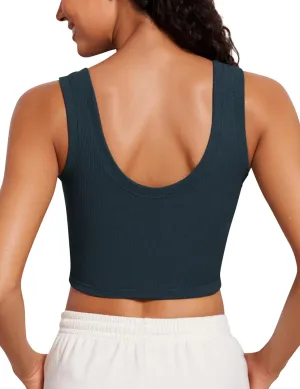 CRZ YOGA Ribbed Crop Fitted Tank Tops for Women Low U-Back Scoop Neck Casual Cropped Sleeveless Workout Yoga Shirt