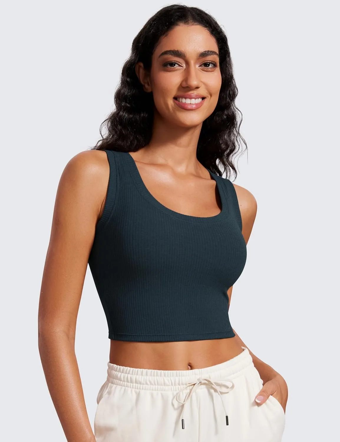 CRZ YOGA Ribbed Crop Fitted Tank Tops for Women Low U-Back Scoop Neck Casual Cropped Sleeveless Workout Yoga Shirt