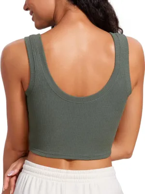 CRZ YOGA Ribbed Crop Fitted Tank Tops for Women Low U-Back Scoop Neck Casual Cropped Sleeveless Workout Yoga Shirt