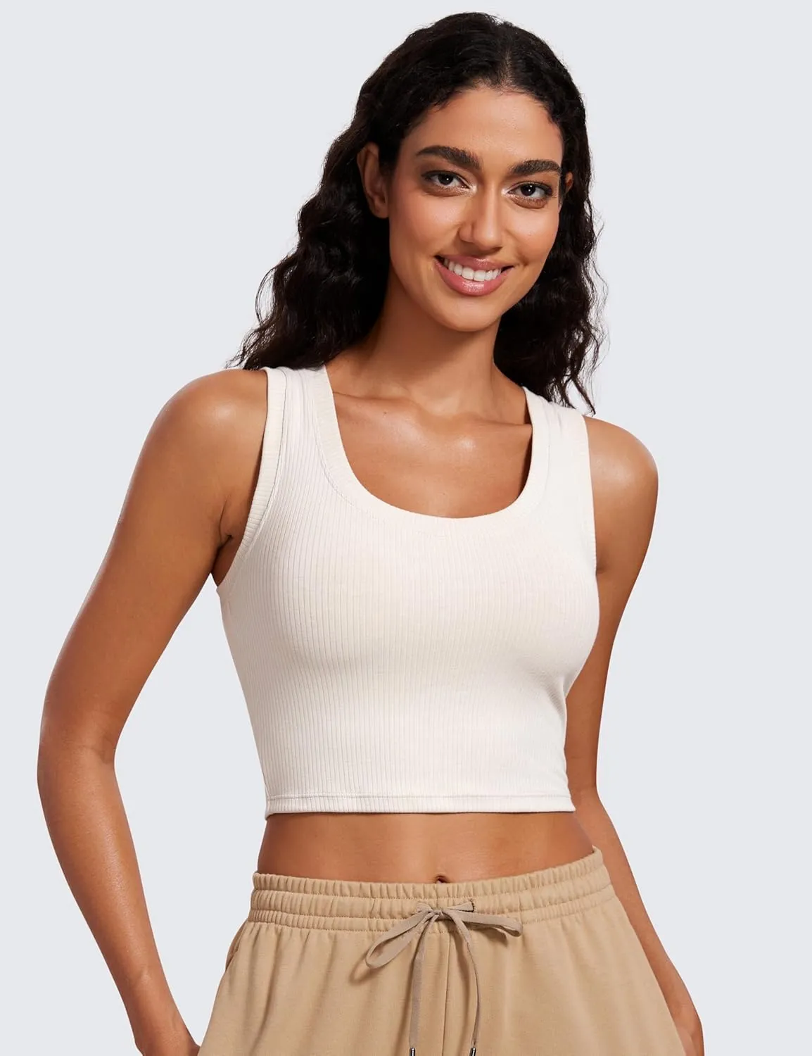 CRZ YOGA Ribbed Crop Fitted Tank Tops for Women Low U-Back Scoop Neck Casual Cropped Sleeveless Workout Yoga Shirt