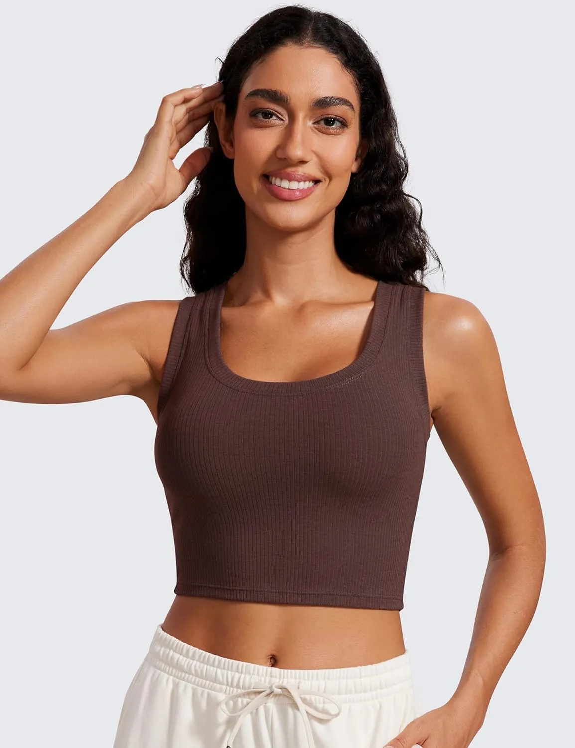 CRZ YOGA Ribbed Crop Fitted Tank Tops for Women Low U-Back Scoop Neck Casual Cropped Sleeveless Workout Yoga Shirt
