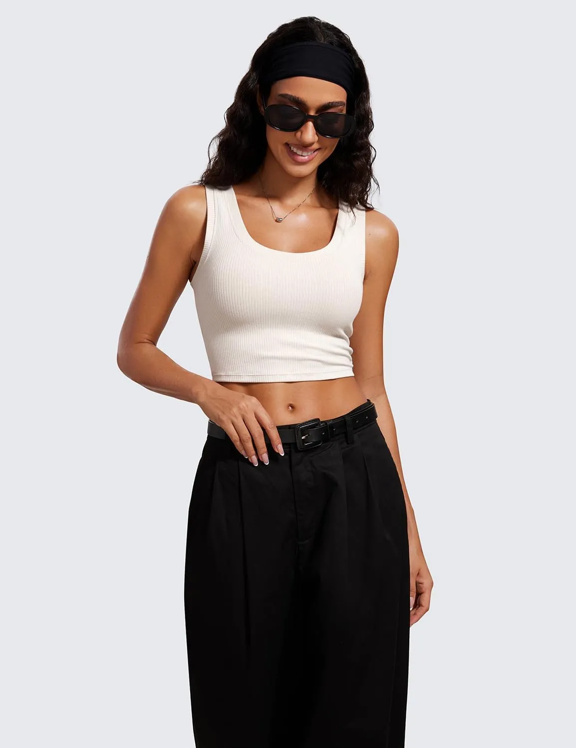 CRZ YOGA Ribbed Crop Fitted Tank Tops for Women Low U-Back Scoop Neck Casual Cropped Sleeveless Workout Yoga Shirt