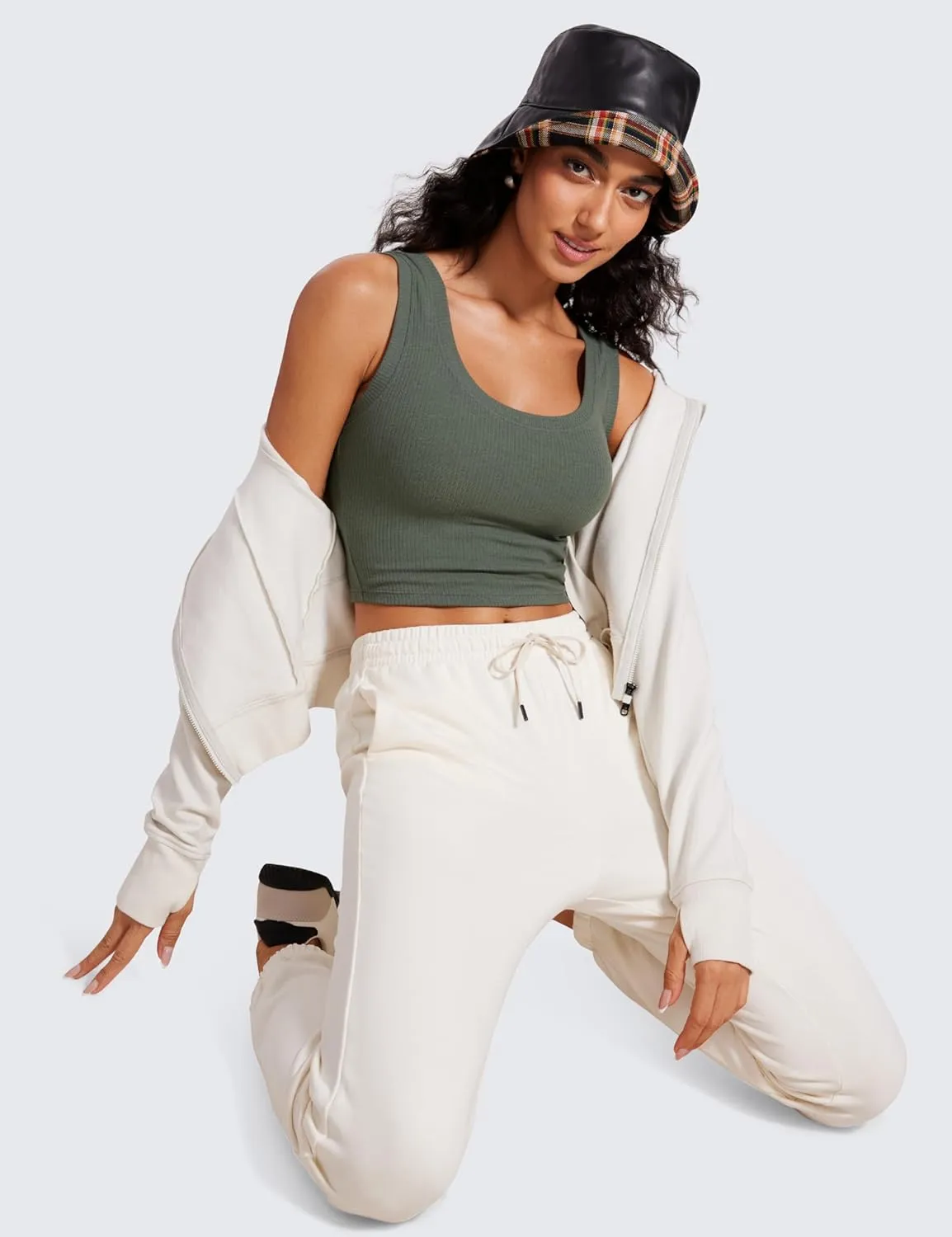 CRZ YOGA Ribbed Crop Fitted Tank Tops for Women Low U-Back Scoop Neck Casual Cropped Sleeveless Workout Yoga Shirt