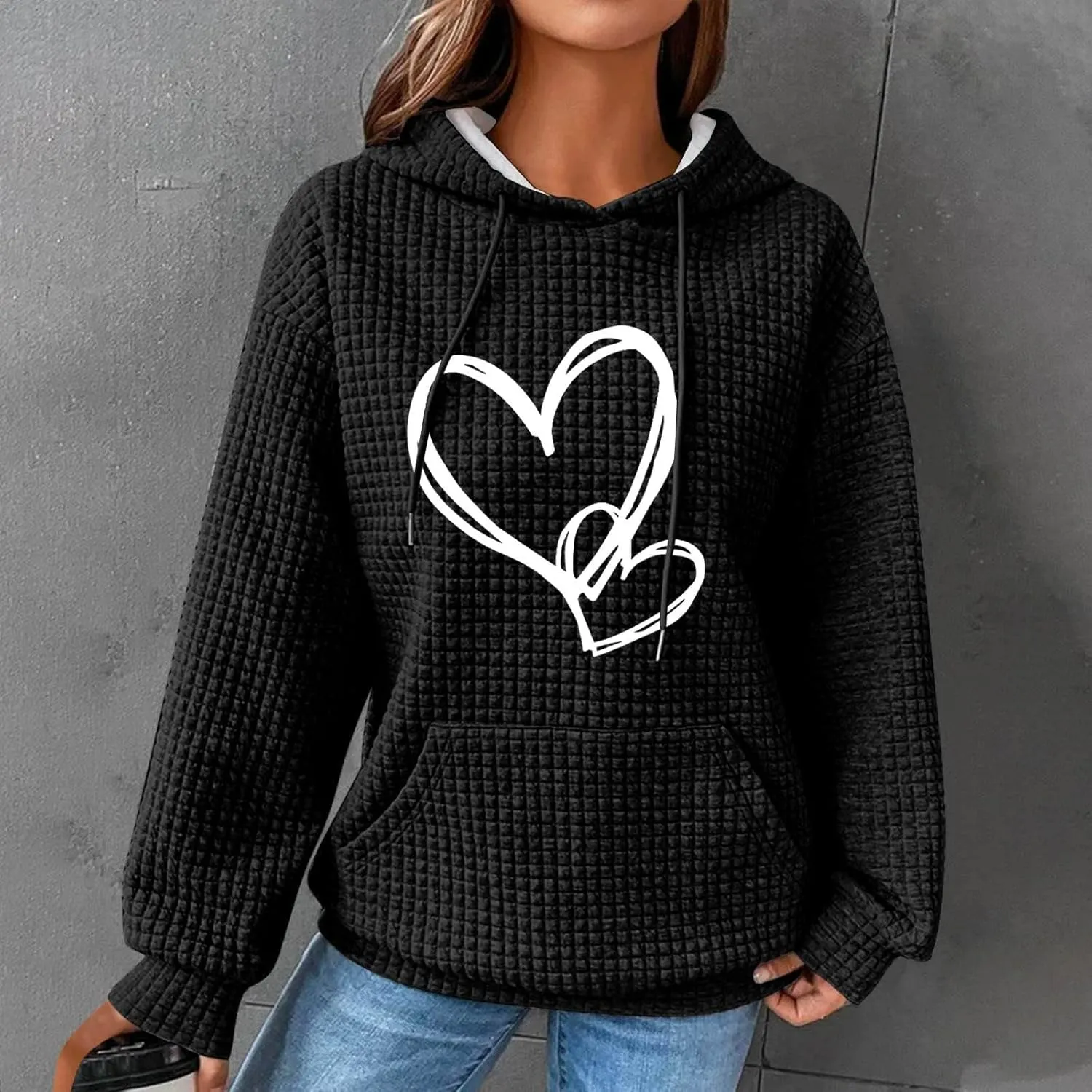 Cute Graphic Hoodies For Women Long Sleeve Heart Print Pullover Tops Oversized Long Sleeve Hooded Waffle Sweatshirt