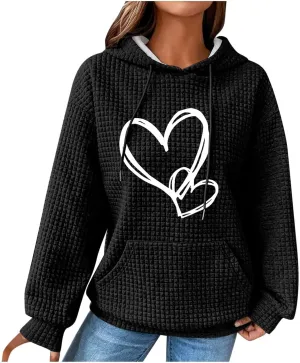 Cute Graphic Hoodies For Women Long Sleeve Heart Print Pullover Tops Oversized Long Sleeve Hooded Waffle Sweatshirt
