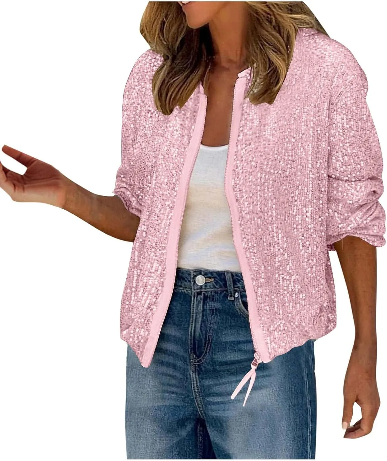 DDAPJ pyju Womens Sequin Jacket Shiny Glitter Sparkly Bomber Jackets Long Sleeve Zip Up Coats 2025 Fashion Party Clubwear