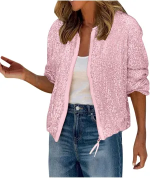 DDAPJ pyju Womens Sequin Jacket Shiny Glitter Sparkly Bomber Jackets Long Sleeve Zip Up Coats 2025 Fashion Party Clubwear