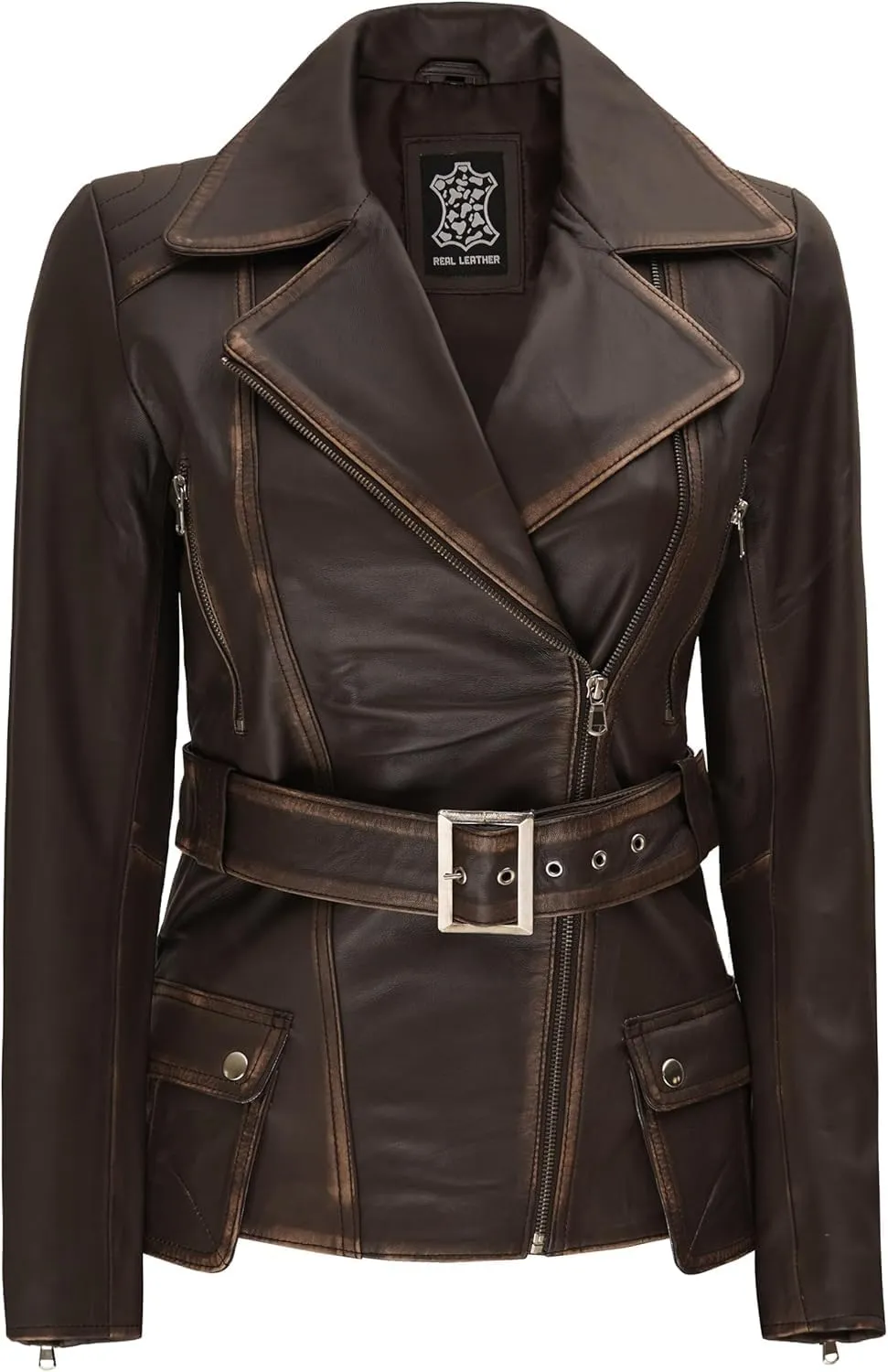 Decrum Asymmetrical Womens Leather Jacket - Belted Style Real Lambskin Leather Jackets For Women