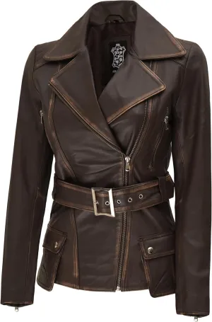 Decrum Asymmetrical Womens Leather Jacket - Belted Style Real Lambskin Leather Jackets For Women