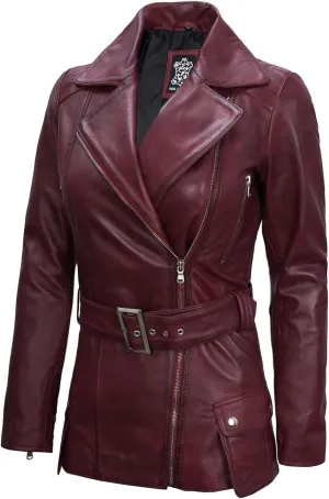 Decrum Asymmetrical Womens Leather Jacket - Belted Style Real Lambskin Leather Jackets For Women