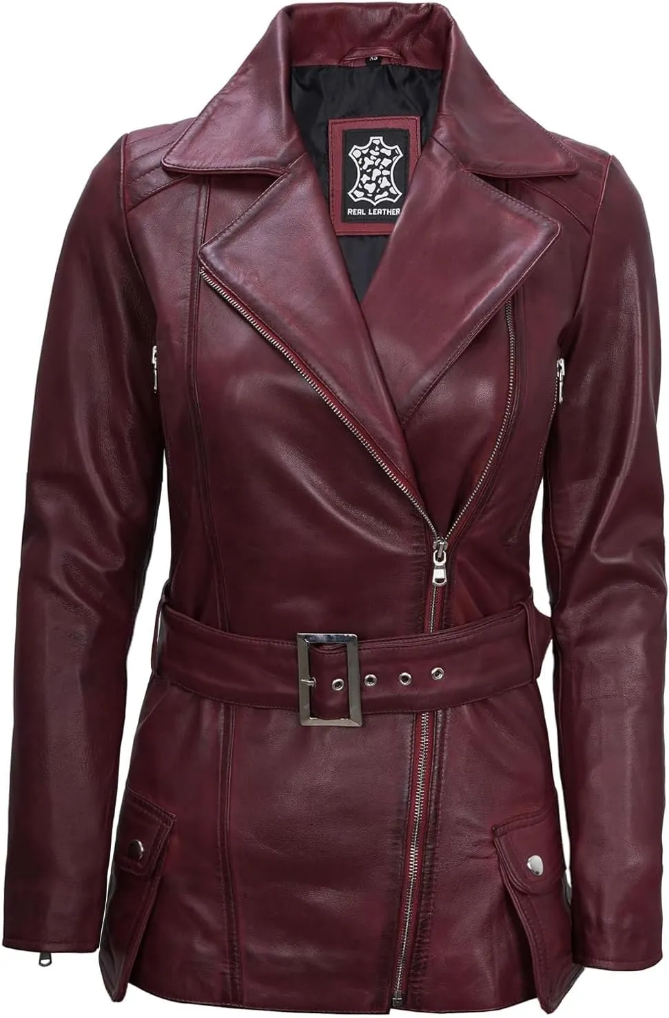 Decrum Asymmetrical Womens Leather Jacket - Belted Style Real Lambskin Leather Jackets For Women