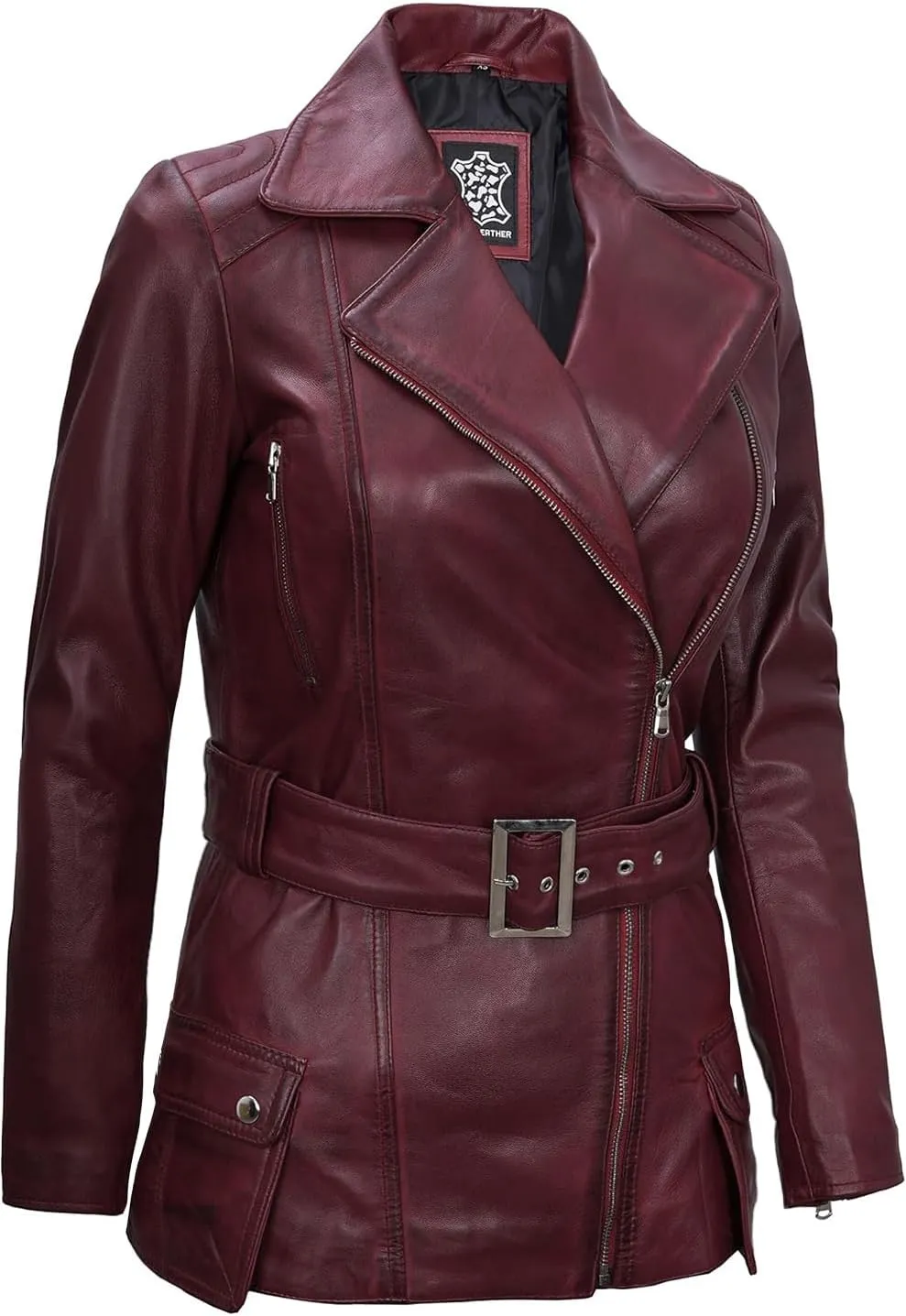 Decrum Asymmetrical Womens Leather Jacket - Belted Style Real Lambskin Leather Jackets For Women
