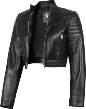 Decrum Cropped Leather Jacket Women  Trendy Black Short Real Lambskin Womens Leather Jacket