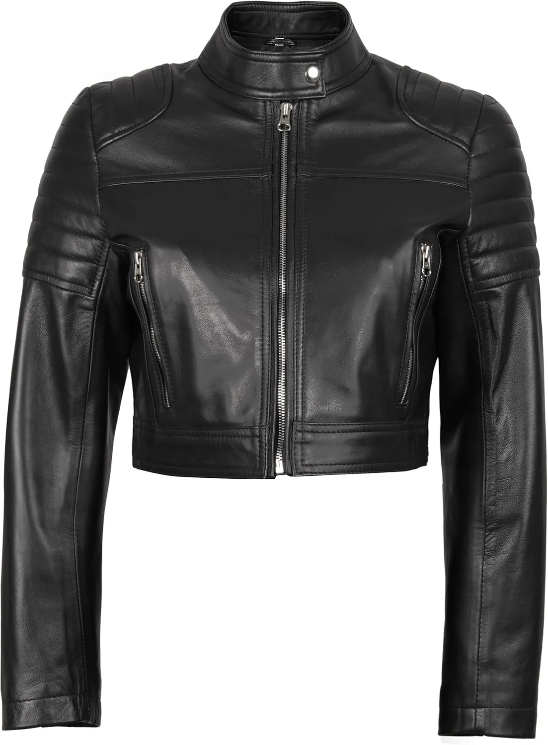 Decrum Cropped Leather Jacket Women  Trendy Black Short Real Lambskin Womens Leather Jacket