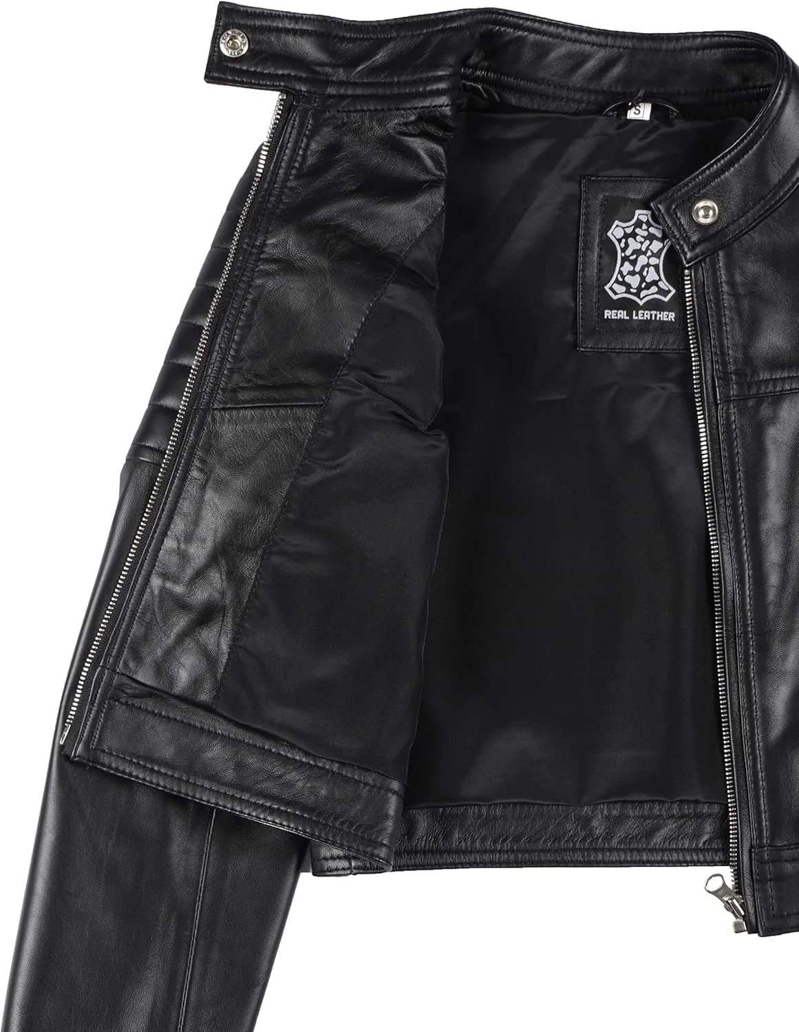 Decrum Cropped Leather Jacket Women  Trendy Black Short Real Lambskin Womens Leather Jacket