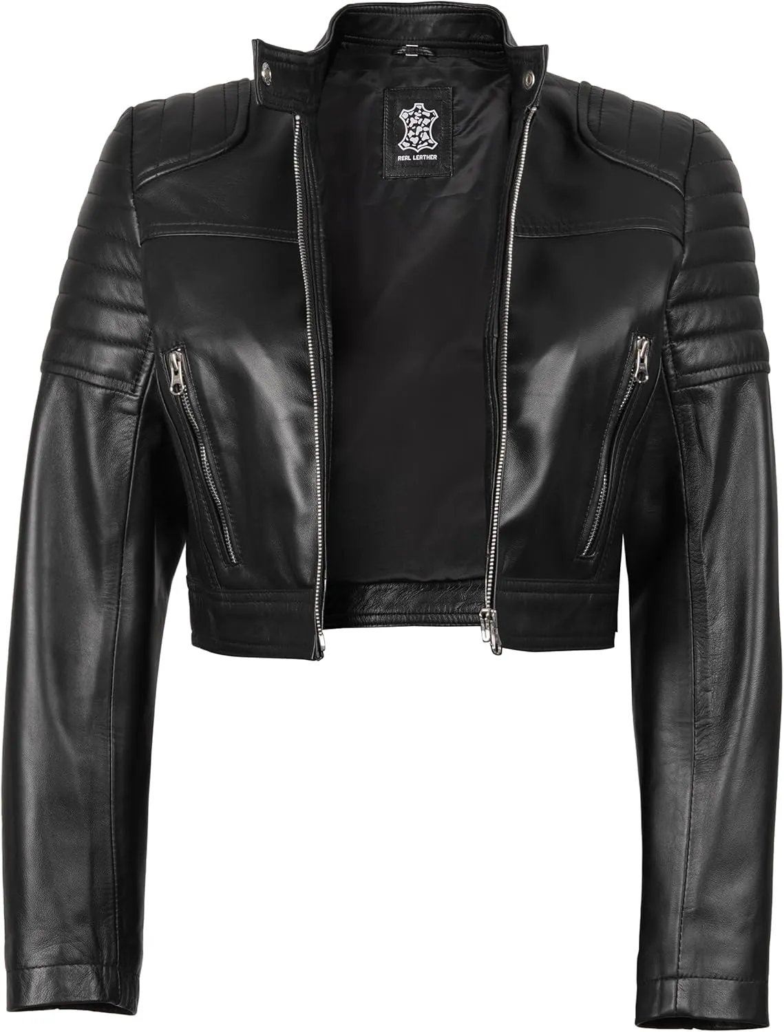 Decrum Cropped Leather Jacket Women  Trendy Black Short Real Lambskin Womens Leather Jacket