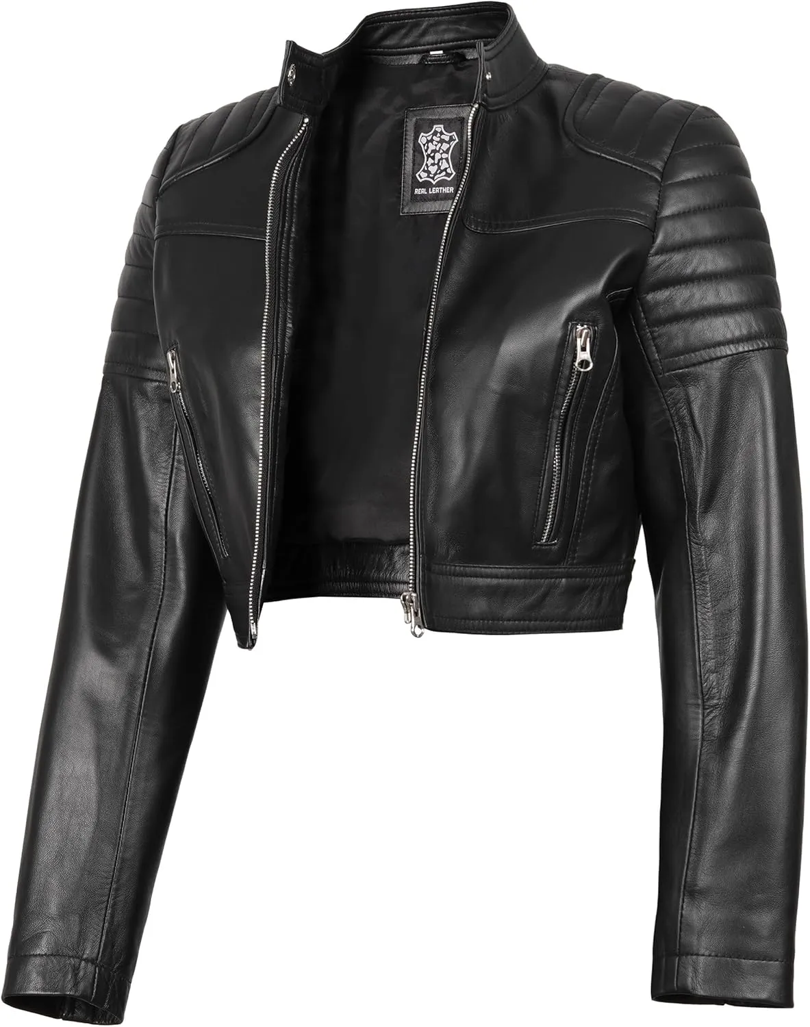 Decrum Cropped Leather Jacket Women  Trendy Black Short Real Lambskin Womens Leather Jacket