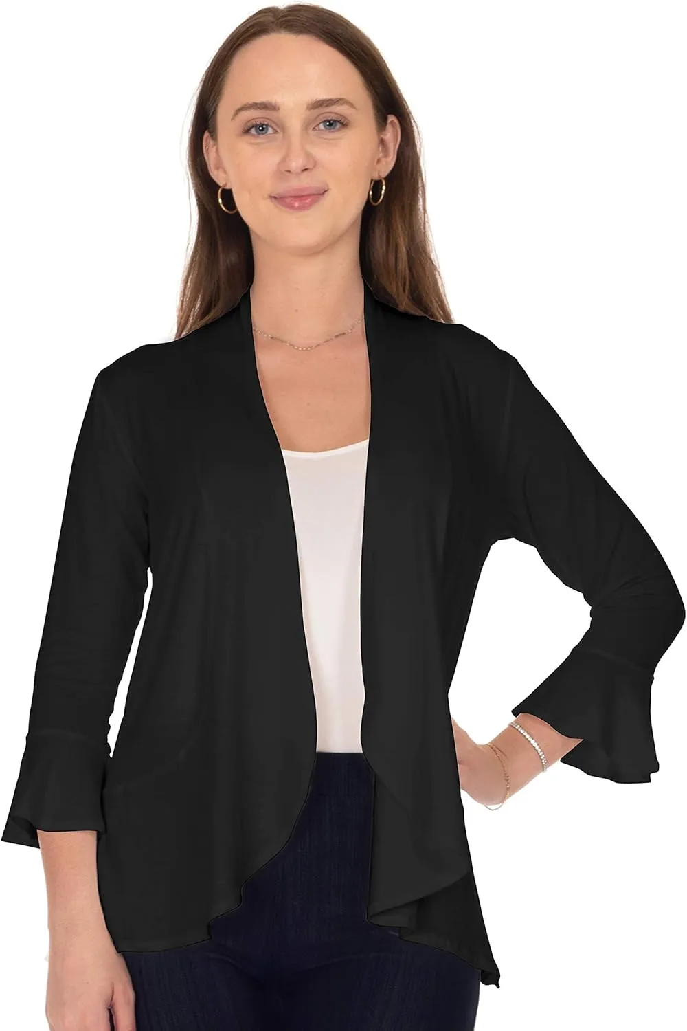 DFF Shop Women's 3/4 Length Flare Sleeve Ruffles Hem Open Cardigan (Size: S-5X)