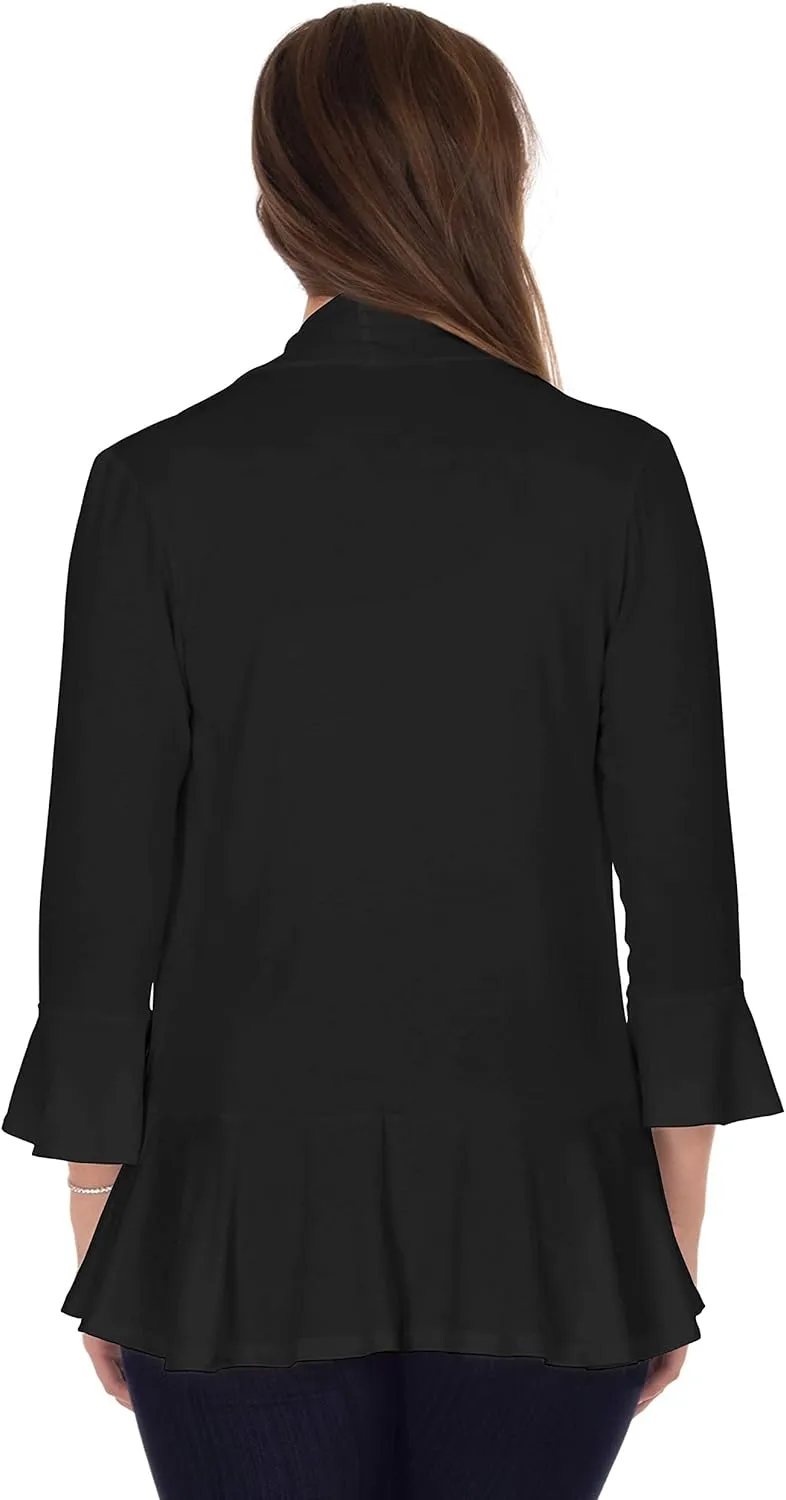 DFF Shop Women's 3/4 Length Flare Sleeve Ruffles Hem Open Cardigan (Size: S-5X)
