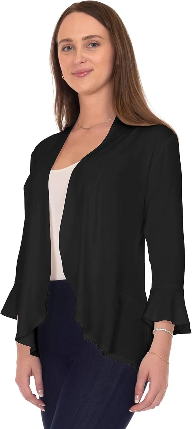 DFF Shop Women's 3/4 Length Flare Sleeve Ruffles Hem Open Cardigan (Size: S-5X)