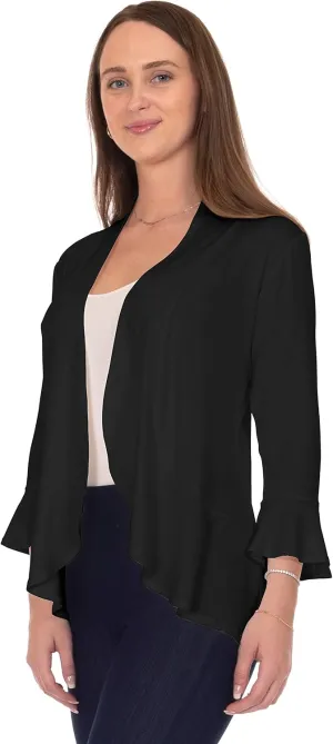 DFF Shop Women's 3/4 Length Flare Sleeve Ruffles Hem Open Cardigan (Size: S-5X)