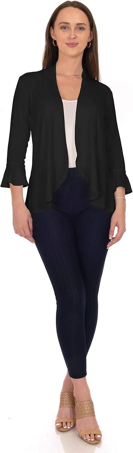 DFF Shop Women's 3/4 Length Flare Sleeve Ruffles Hem Open Cardigan (Size: S-5X)