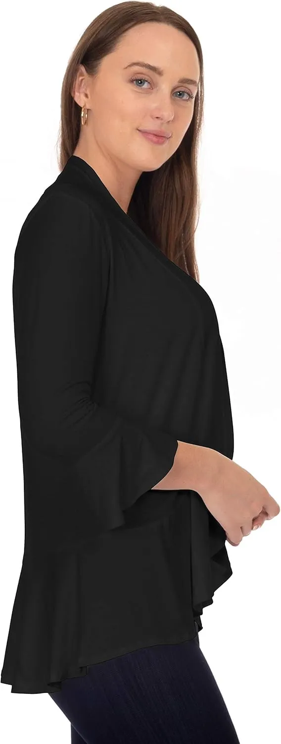 DFF Shop Women's 3/4 Length Flare Sleeve Ruffles Hem Open Cardigan (Size: S-5X)