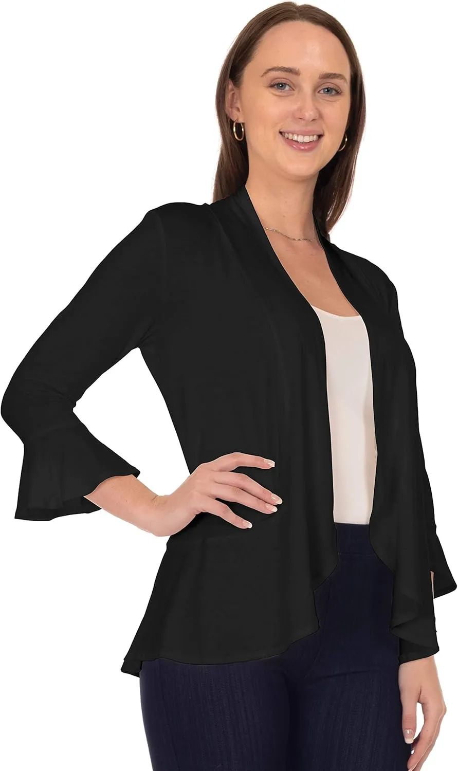 DFF Shop Women's 3/4 Length Flare Sleeve Ruffles Hem Open Cardigan (Size: S-5X)