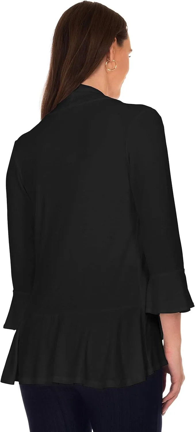 DFF Shop Women's 3/4 Length Flare Sleeve Ruffles Hem Open Cardigan (Size: S-5X)