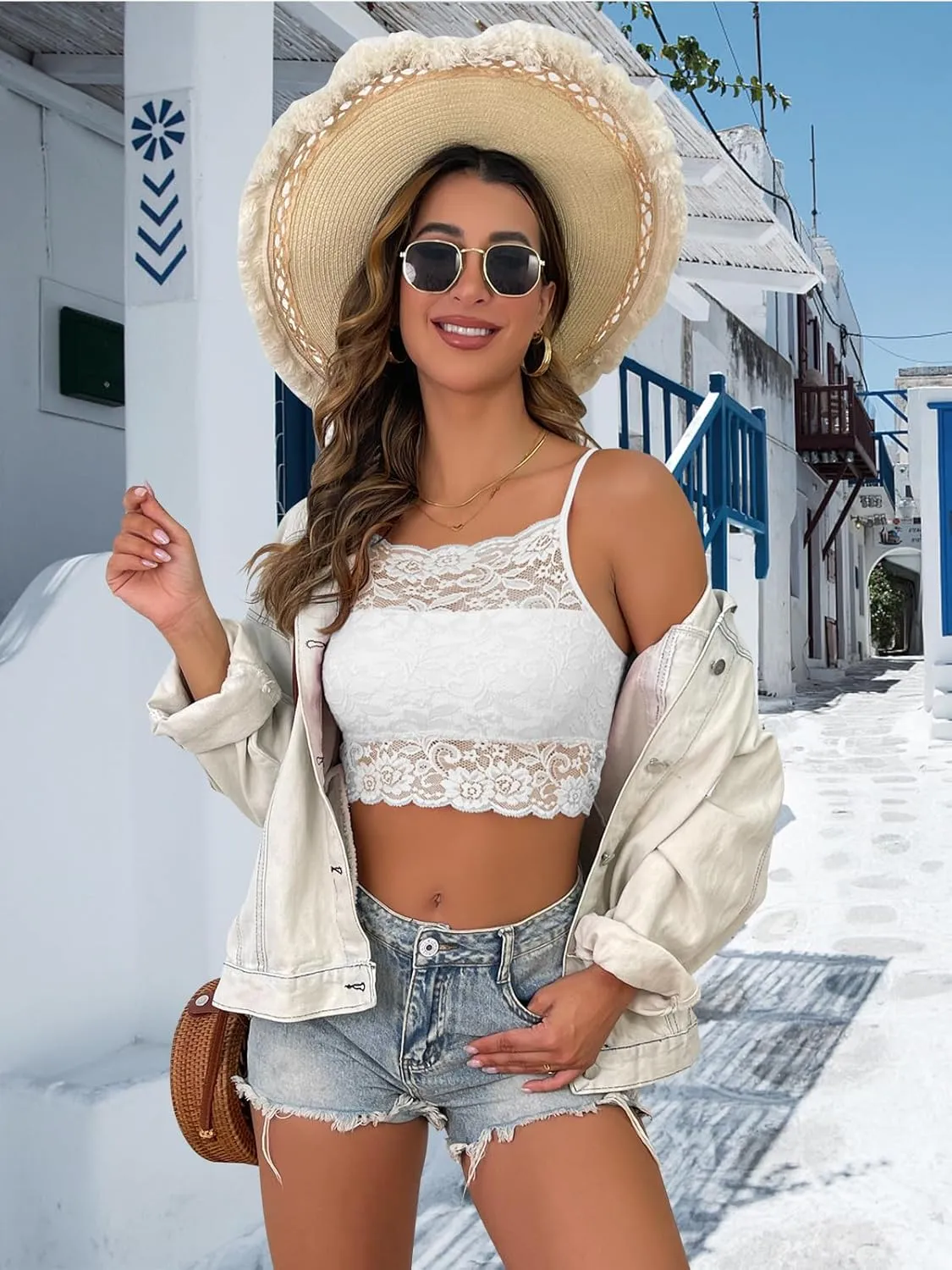 Donnalla 2 Pack Lace Bralettes Women Tank Unpadded Unlined Wireless Bra Camisole Spaghetti Strap Racerback Slim Tube Crop Top