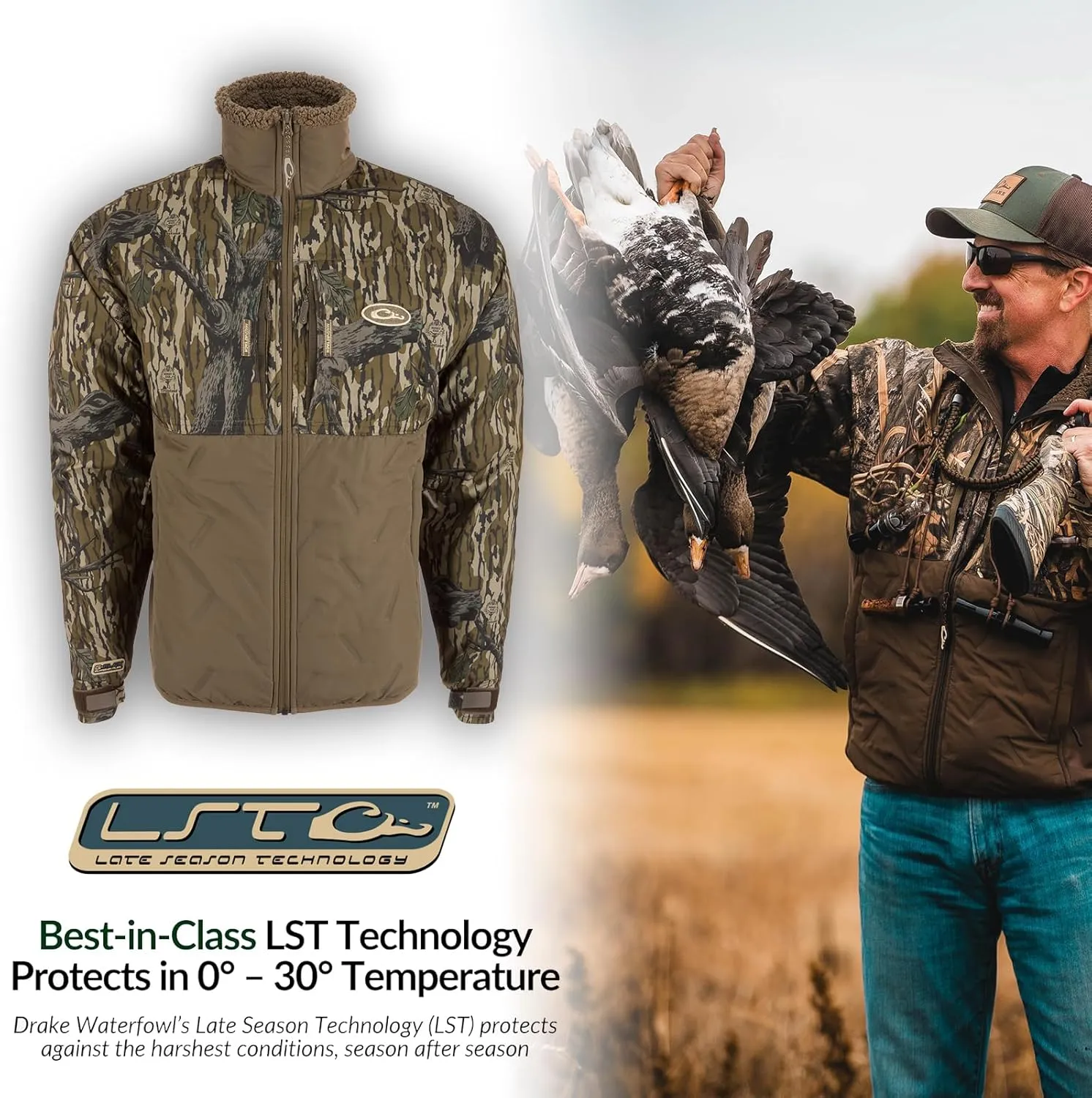 Drake Waterfowl Men's LST Guardian Flex Double Down Eqwader Full Zip Insulated Waterproof Windproof Hunting Jacket
