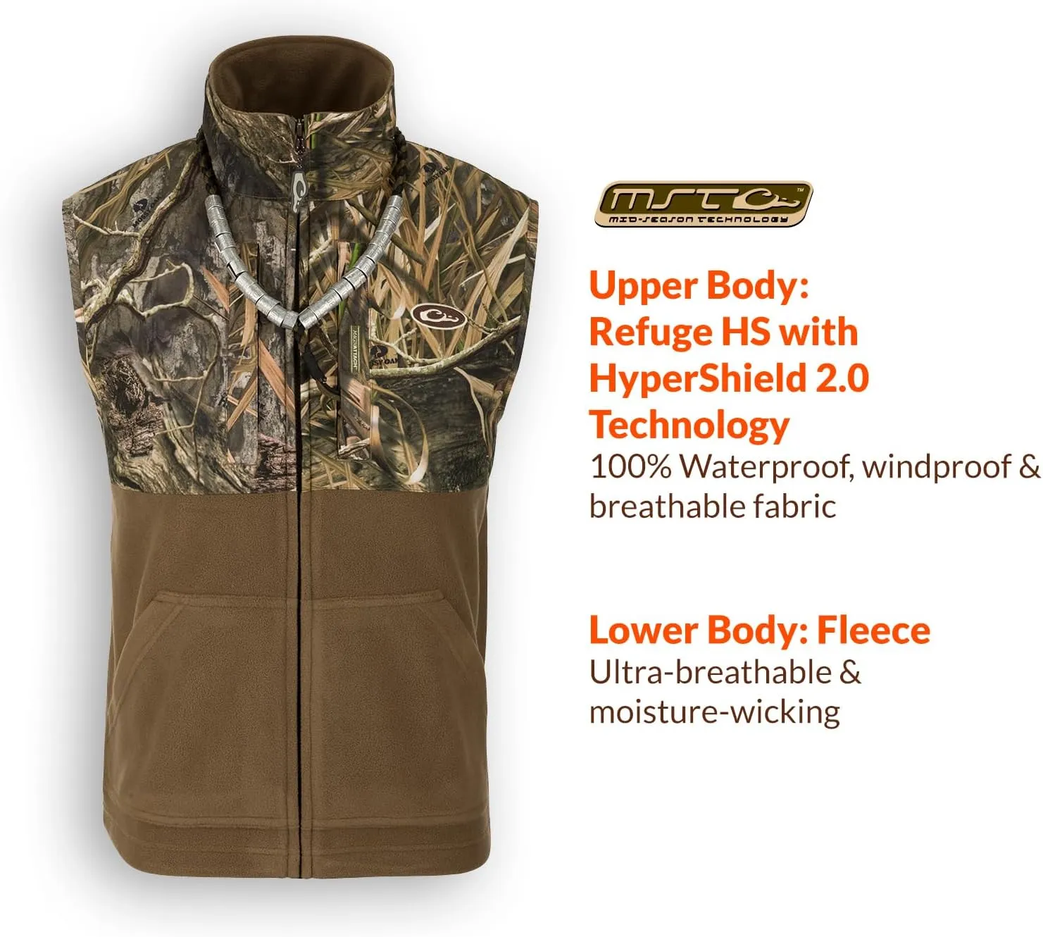 Drake Waterfowl Men's MST Eqwader Insulated Fleece-Lined Waterproof Windproof Breathable Adjustable Outdoor Hunting Zip Vest