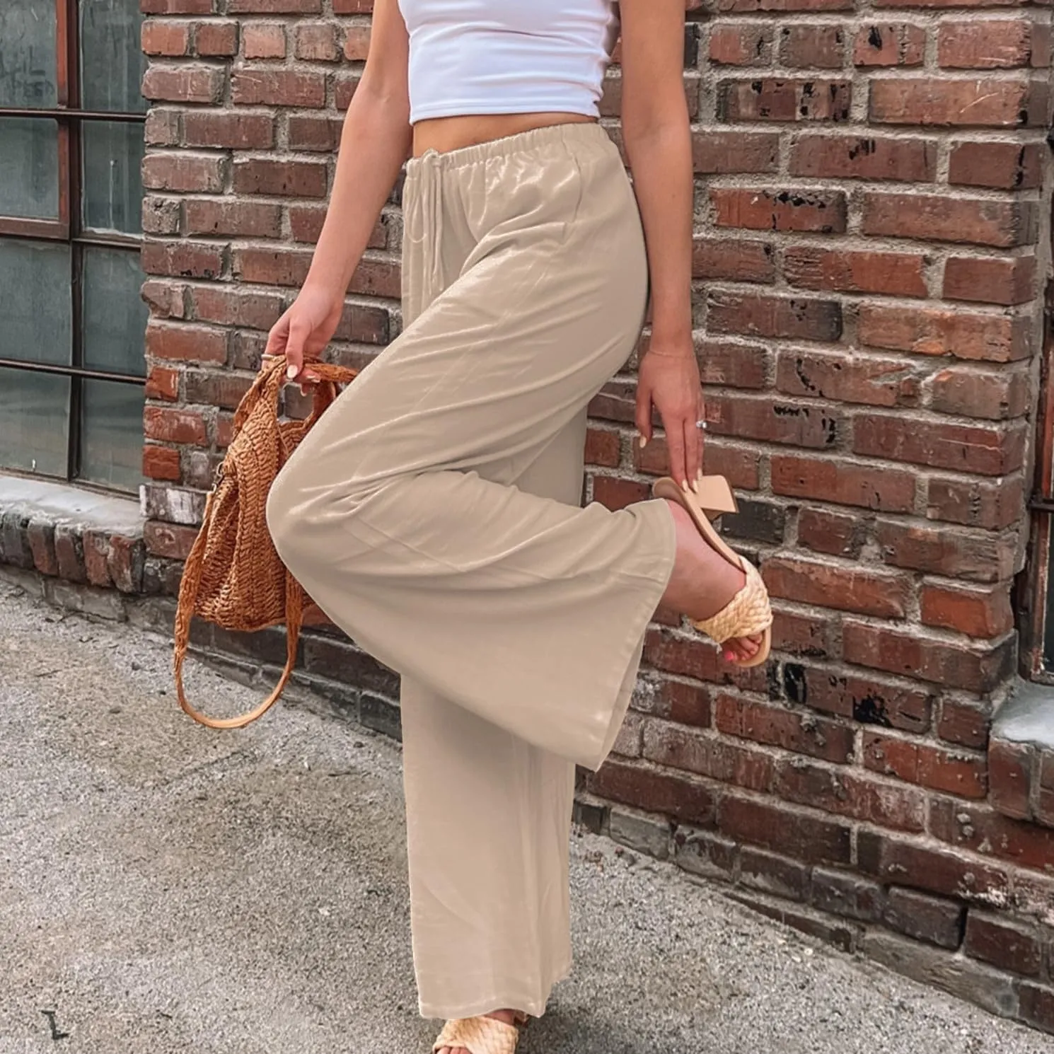 Duyang Womens Cotton Linen Palazzo Pants Drawstring Elastic Waist Casual Wide Leg Trousers with Pockets