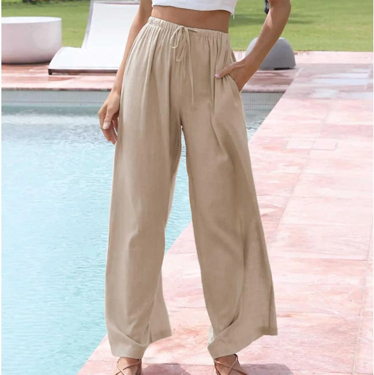 Duyang Womens Cotton Linen Palazzo Pants Drawstring Elastic Waist Casual Wide Leg Trousers with Pockets