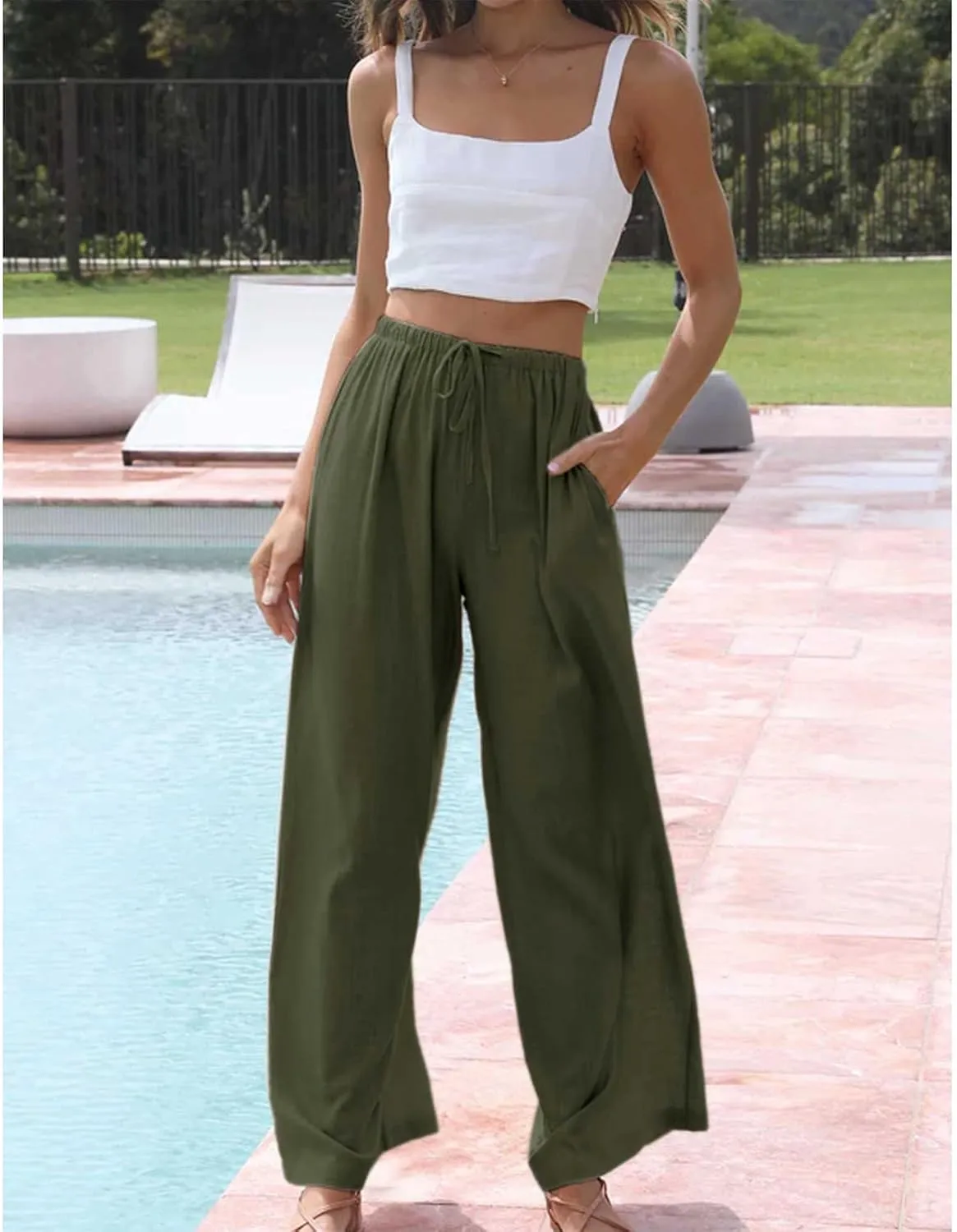 Duyang Womens Cotton Linen Palazzo Pants Drawstring Elastic Waist Casual Wide Leg Trousers with Pockets