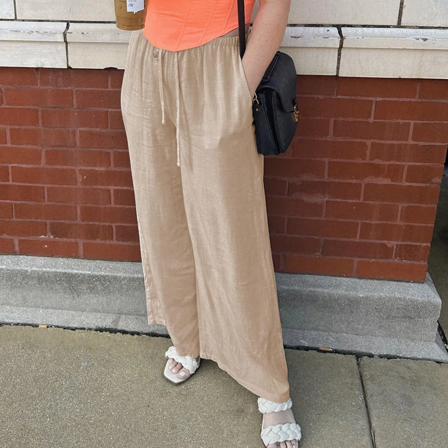 Duyang Womens Cotton Linen Palazzo Pants Drawstring Elastic Waist Casual Wide Leg Trousers with Pockets