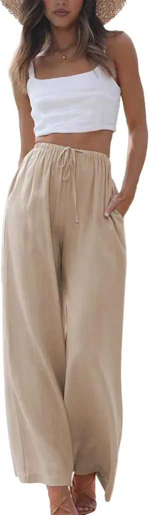Duyang Womens Cotton Linen Palazzo Pants Drawstring Elastic Waist Casual Wide Leg Trousers with Pockets