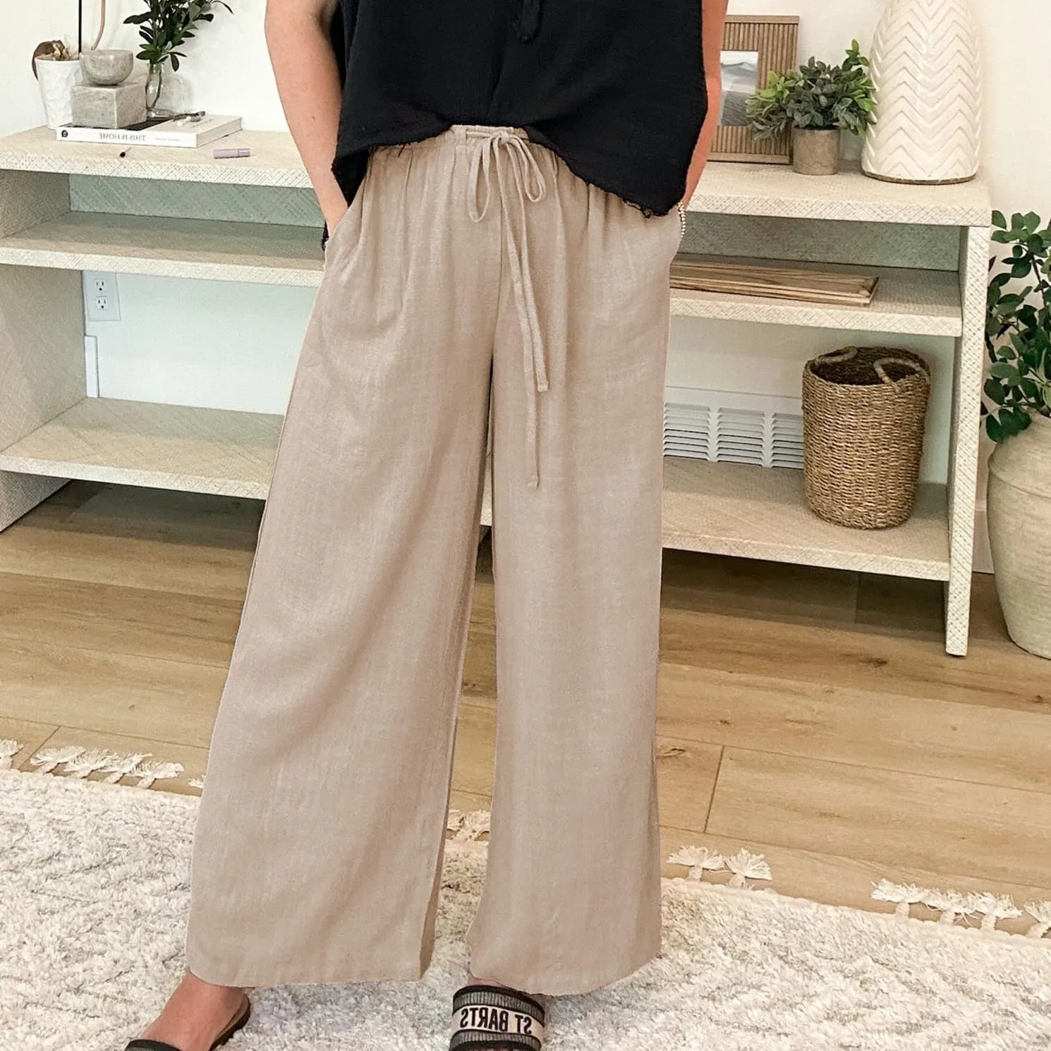 Duyang Womens Cotton Linen Palazzo Pants Drawstring Elastic Waist Casual Wide Leg Trousers with Pockets